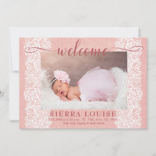 Rustikales Pink Burlap & Lace Baby Girl Foto Birth Ankündigung