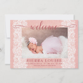 Rustikales Pink Burlap & Lace Baby Girl Foto Birth Ankündigung