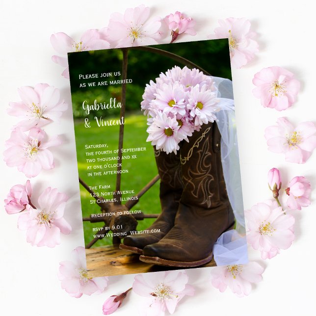Rustikales Pink Daisies Cowboy Boots Western Weddi Einladung (Von Creator hochgeladen)