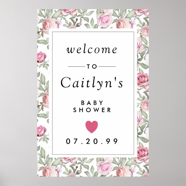 Rustikales Pink Floral Baby Dusche Begrüßungszeich Poster (Vorne)