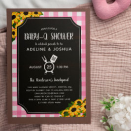 Rustikales Pink Gingham Sunflowers Girl Baby-Q Dus Einladung