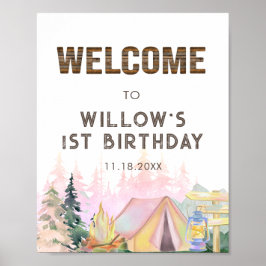 Rustikales Pink Girl Camping Geburtstag Willkommen Poster