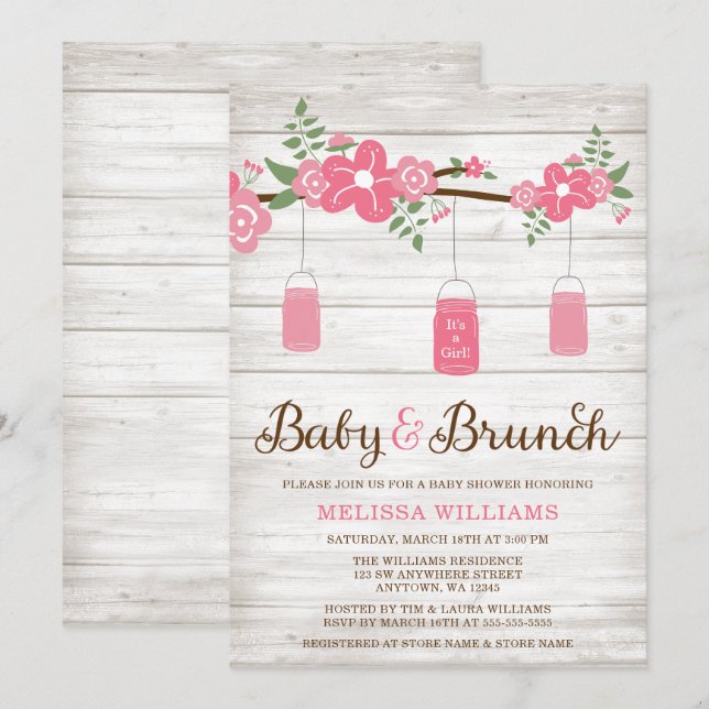 Rustikales Pink Mason Jar Girl Brunch Babydusche Einladung (Vorne/Hinten)