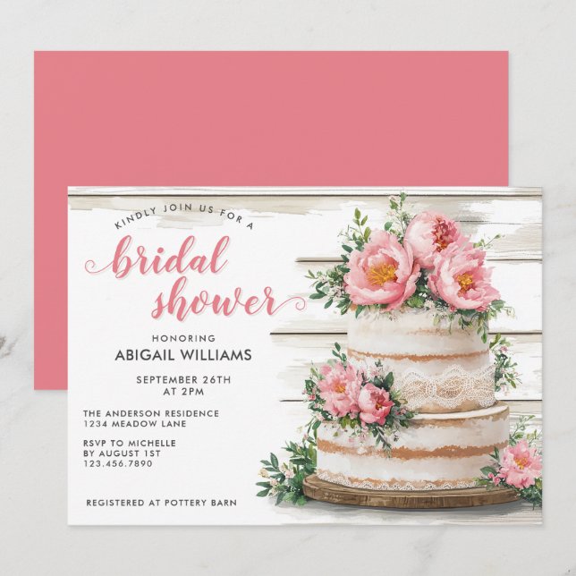 Rustikales Pink Peony Cake Floral Brautparty Einladung (Vorne/Hinten)