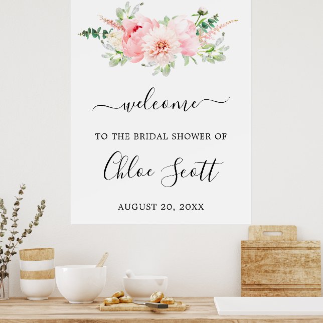 Rustikales Pink Peony Floral Brautparty Willkommen Poster (Küche)