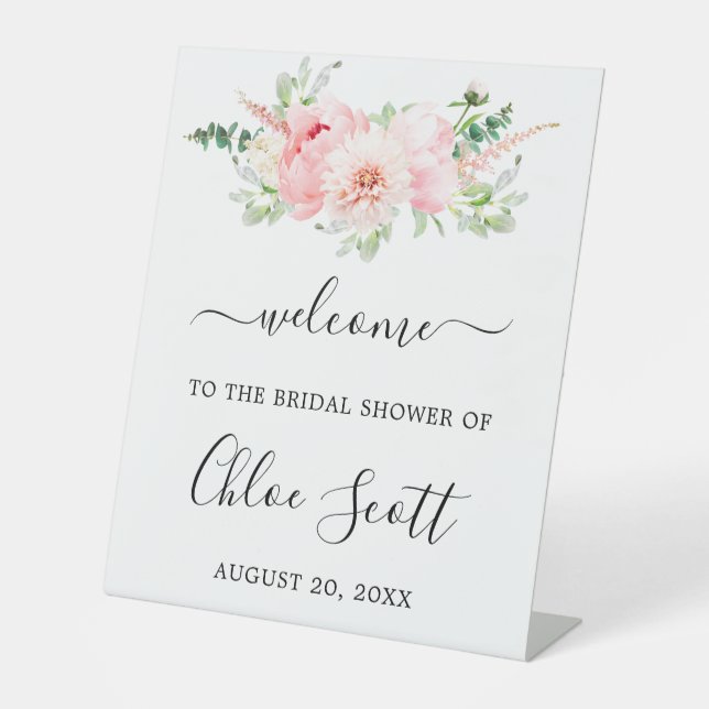 Rustikales Pink Peony Floral Brautparty Willkommen Sockelschild (Vorderseite)