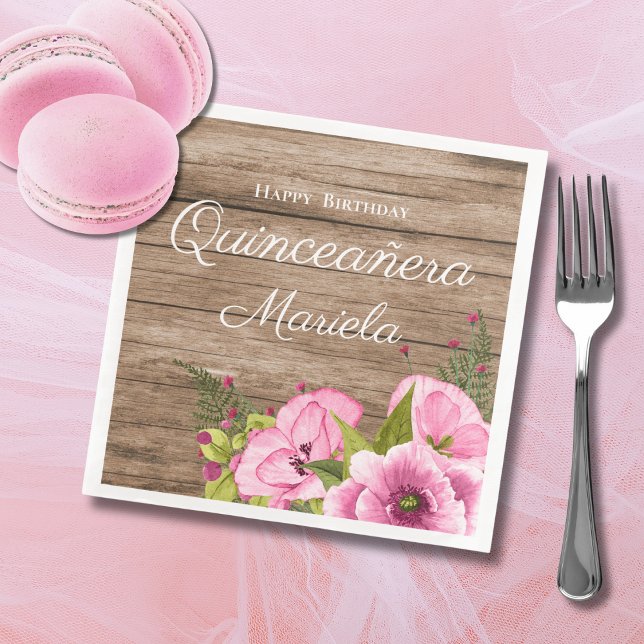 Rustikales Pink Poppies Quinceañera Serviette (Von Creator hochgeladen)