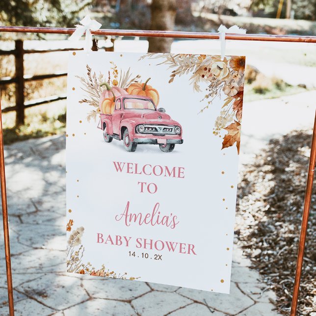 Rustikales Pink Pumpkin Truck Baby Dusche Begrüßun Fotodruck (Editable Girls Pumpkin Truck Baby Shower Welcome Sign Fall Harvest Pink Truck Baby Shower Welcome )