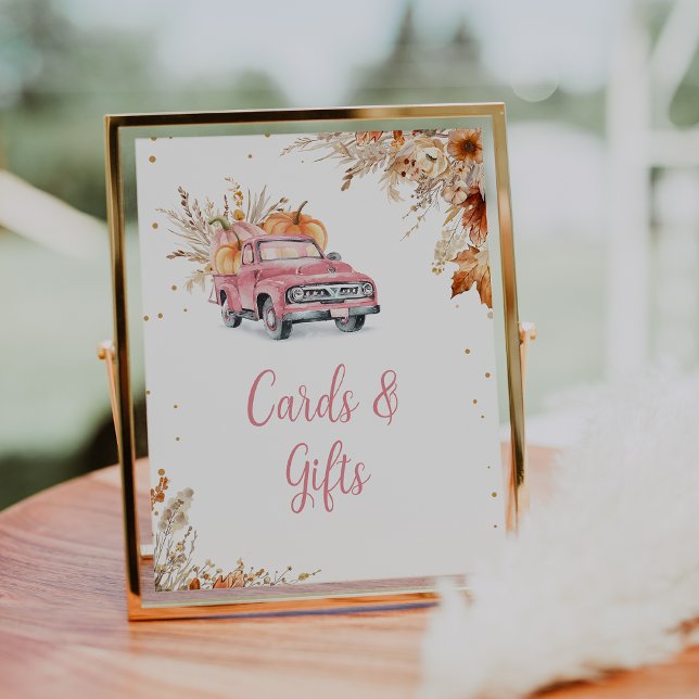 Rustikales Pink Pumpkin Truck Baby Duschzeichen Fotodruck (Editable Girls Pumpkin Truck Baby Shower Sign Fall Harvest Pink Truck Baby Shower Gifts Cards Sign)