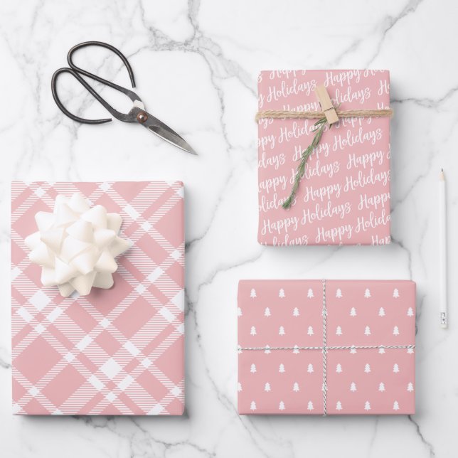 Rustikales Pink Tartan Kariert Happy Holidays Must Geschenkpapier Set (Vorderseite)
