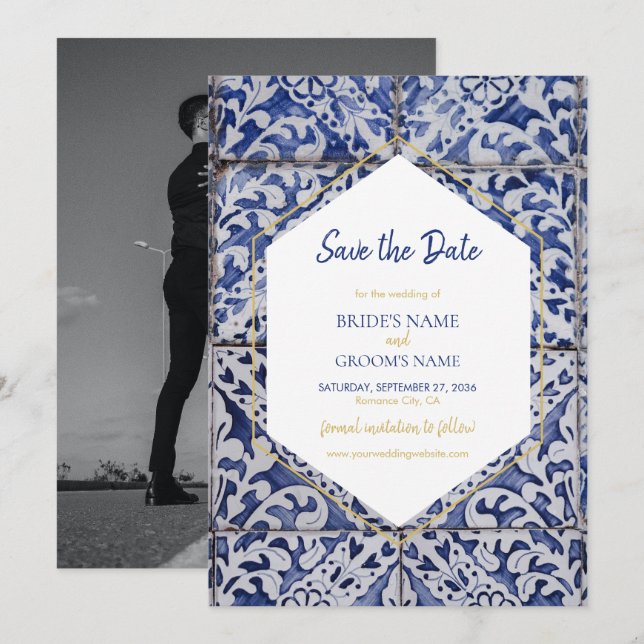 Rustikales portugiesisches Tiles Wedding-Foto Save The Date (Vorne/Hinten)