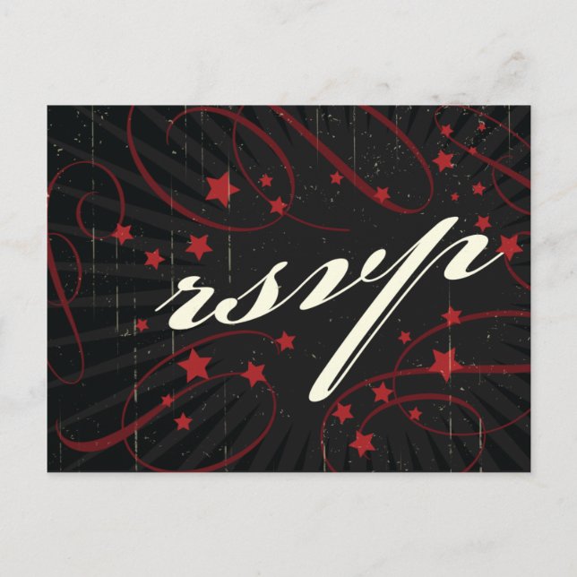 Rustikales Poster: RSVP: Red & Black Wedding Einladungspostkarte (Vorderseite)