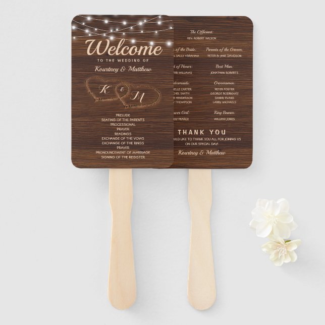 Rustikales Programm für Hochzeiten im Holz-Schnitz Fächer (Vorne und Hinten)