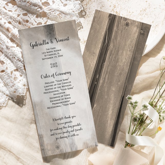 Rustikales Programm zur Hochzeit von Stallholz (Give your guests your order of ceremony with this Rustic Barn Wood Wedding Program.)