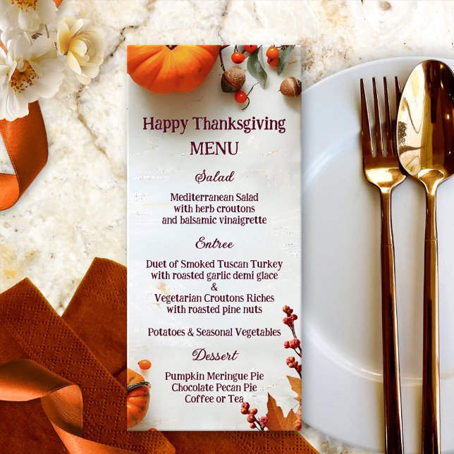 Rustikales Pumpkin Erntedank Herbstessen Menükarte (Thanksgiving dinner menu featuring a rustic whimsical design with colorful fall leaves and pumpkins)
