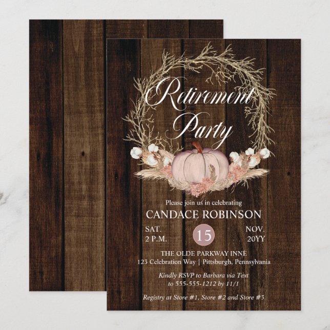 Rustikales Pumpkin Pampas Wreath Retirement Party Einladung (Vorne/Hinten)