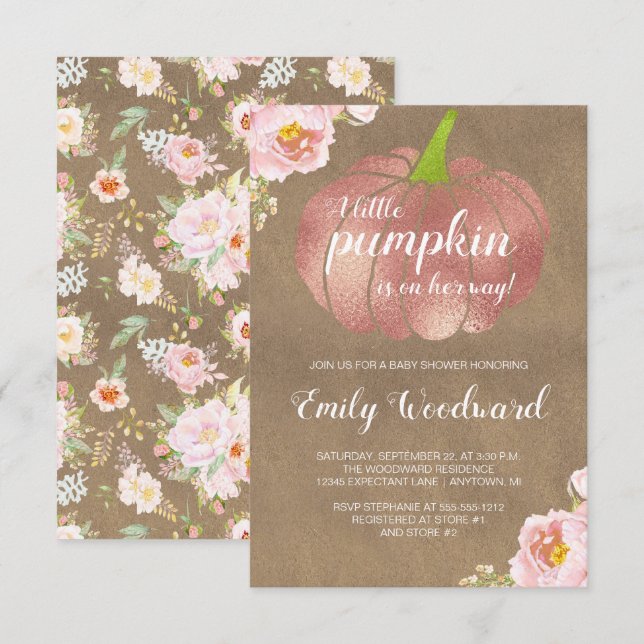 Rustikales Pumpkin Pink Floral Girl Babydusche Einladung (Vorne/Hinten)