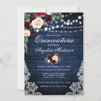 Rustikales Quinceanera Wood Burgundy Blue Floral Einladung