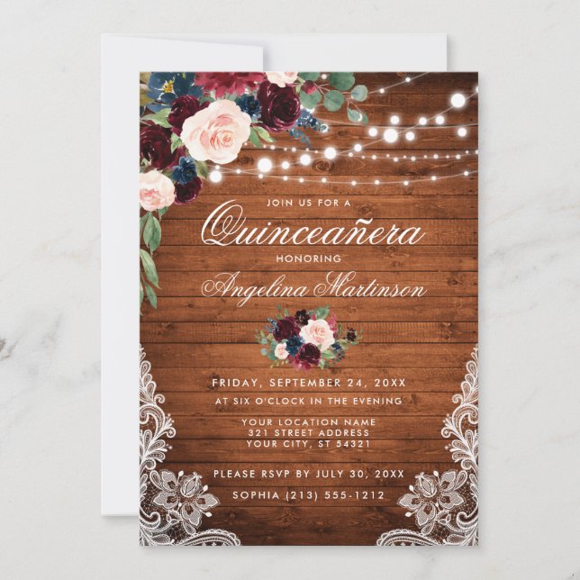 Rustikales Quinceanera Wood Burgundy Blue Floral Einladung (Vorderseite)