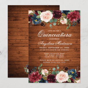 Rustikales Quinceanera Wood Burgundy Blue Pink Flo Einladung
