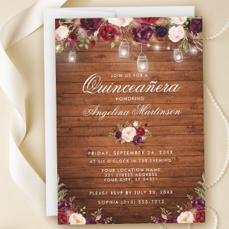 Rustikales Quinceanera Wood Jar Lights Burgund Flo Einladung