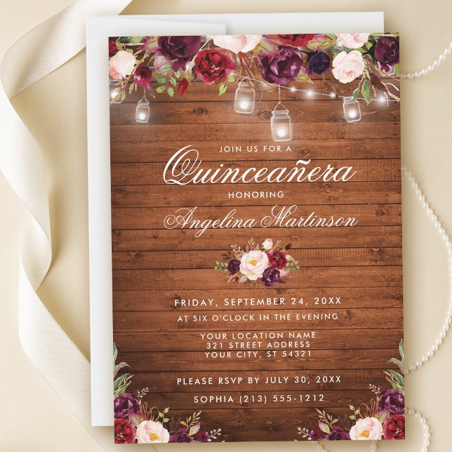 Rustikales Quinceanera Wood Jar Lights Burgund Flo Einladung (Customize to add more text or photos to back of card.)