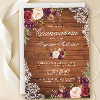 Rustikales Quinceanera Wood Lace Burgundy Floral Einladung