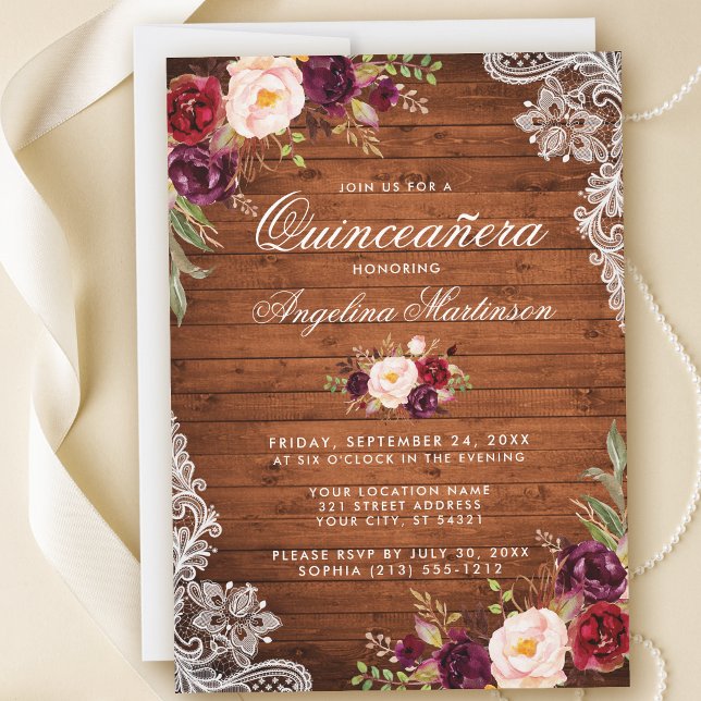 Rustikales Quinceanera Wood Lace Burgundy Floral Einladung (Customize to add more text or photos to back of card.)