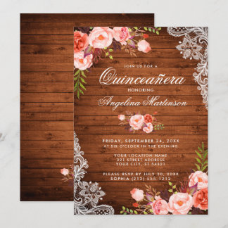 Rustikales Quinceanera Wood Lace Coral Floral Einladung