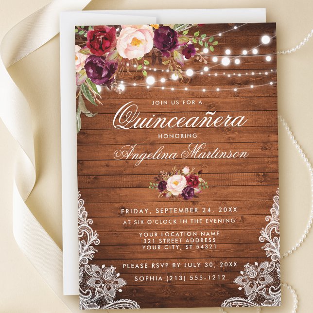Rustikales Quinceanera Wood Lights Lace Floral Einladung (Customize to add more text or photos to back of card.)