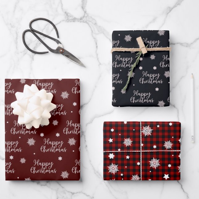 Rustikales Red Black Happy Weihnachtsschneeflocken Geschenkpapier Set (Vorderseite)
