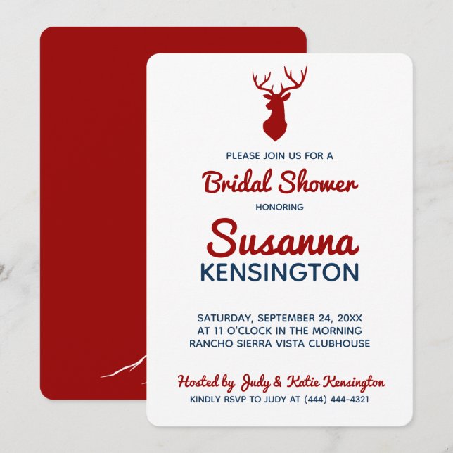 Rustikales Red Blue Deer Mountain Brautparty Einladung (Vorne/Hinten)