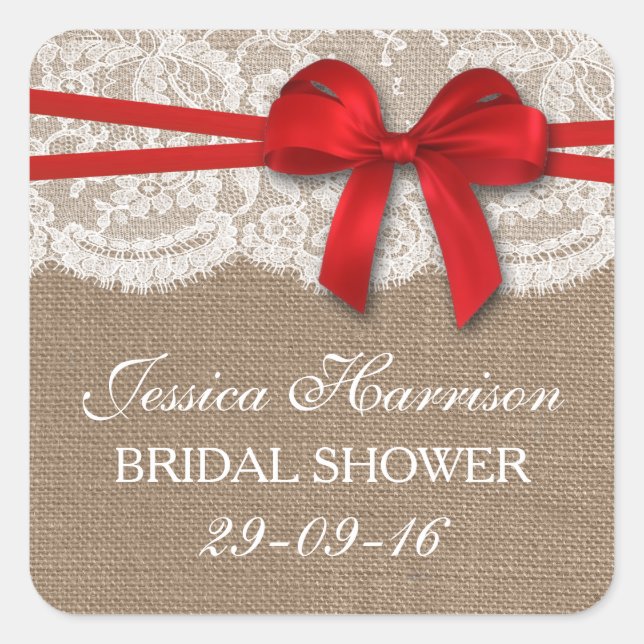 Rustikales Red Bow, Burlap & Lace Brautparty Quadratischer Aufkleber (Vorderseite)
