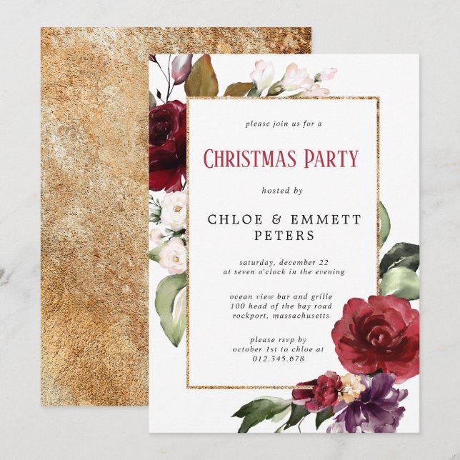 Rustikales Red Floral Gold Weihnachten Party Einladung (Vorne/Hinten)