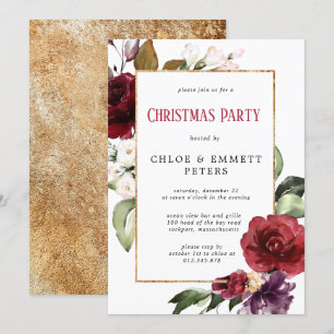 Rustikales Red Floral Gold Weihnachten Party Einladung