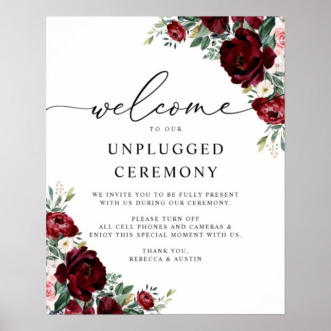 Rustikales Red Floral Wedding Unplugged Ceremony S Poster (Vorne)