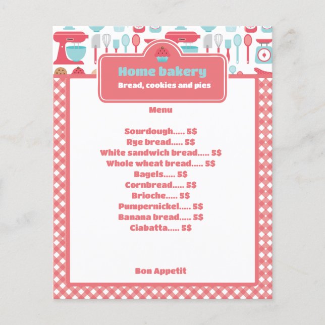 Rustikales Red Gingham Bakery Menü & Preisliste (Vorderseite)