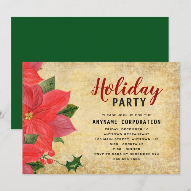 Rustikales Red Poinsettia Corporate Weihnachtsfest Einladung (Vorne/Hinten)