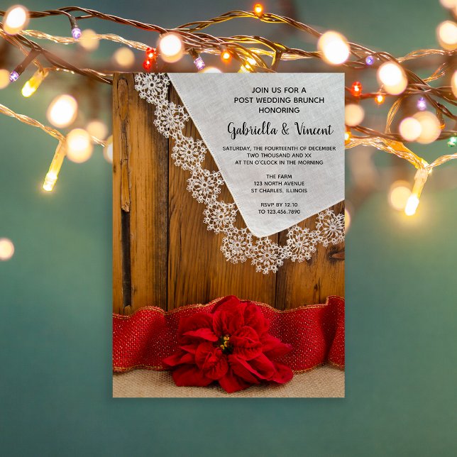 Rustikales Red Poinsettia Winter Post Wedding Brun Einladung (Set a festive tone to your day after celebration with this rustic chic post wedding brunch invite.)