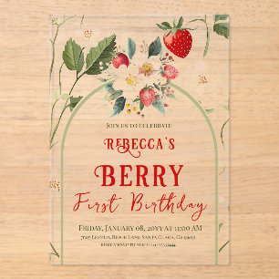 Rustikales Red Strawberry Theme Berry First Birthd Acryleinladungen