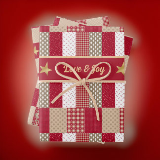 Rustikales Red Tan Gold Patchwork Quilt Liebe Joy  Geschenkpapier Set