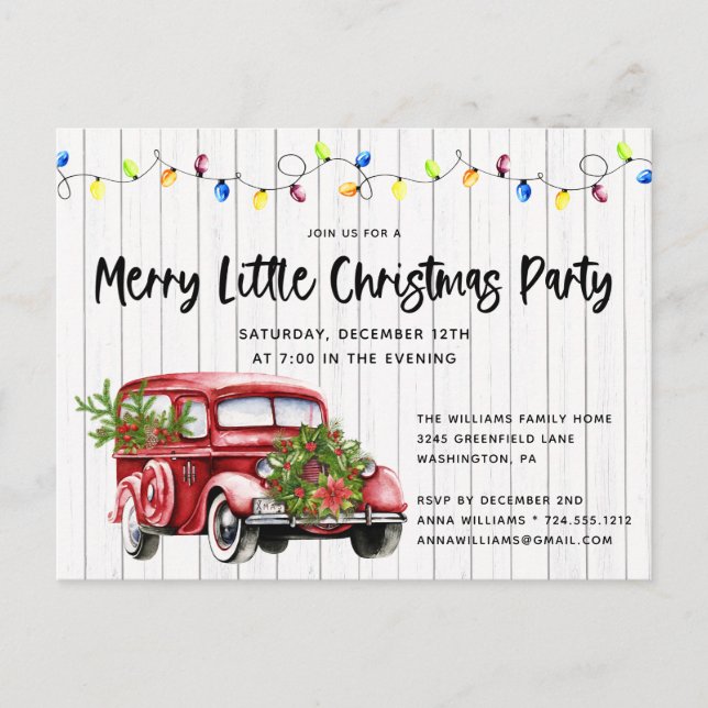 Rustikales Red Truck & Lights Weihnachtsfest Party Postkarte (Vorderseite)