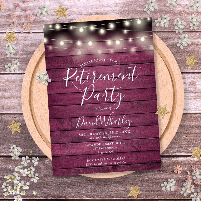 Rustikales Red Wood String Lights Retirement Party Einladung (Rustic Red Wood String Lights Retirement Party Invitation)