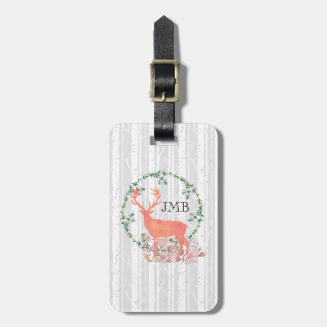 Rustikales Reindeer Boho Wasserfarben-Monogramm Gepäckanhänger (Vorderseite vertikal)