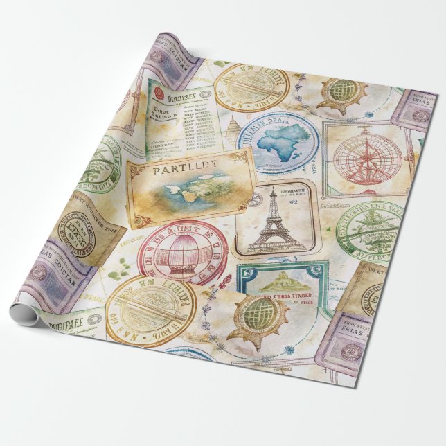 Rustikales Reisepass-Stempel-Reisemuster (8) Geschenkpapier (Ungerollt)