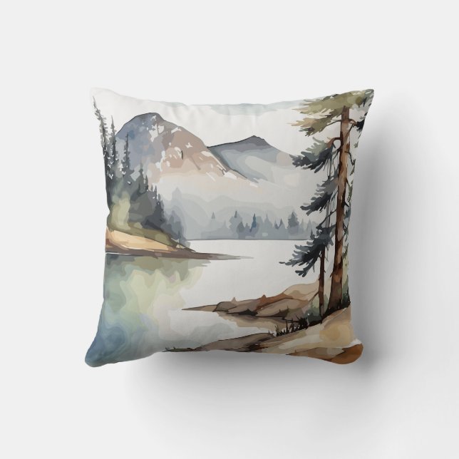 Rustikales Retreat Mountain Wasserfarbe als Thema Kissen (Rückseite)