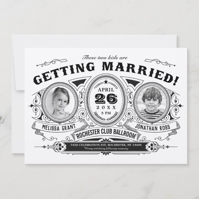 Rustikales Retro Kids Foto Hochzeitseinladungen Kr Einladung (Vorderseite)