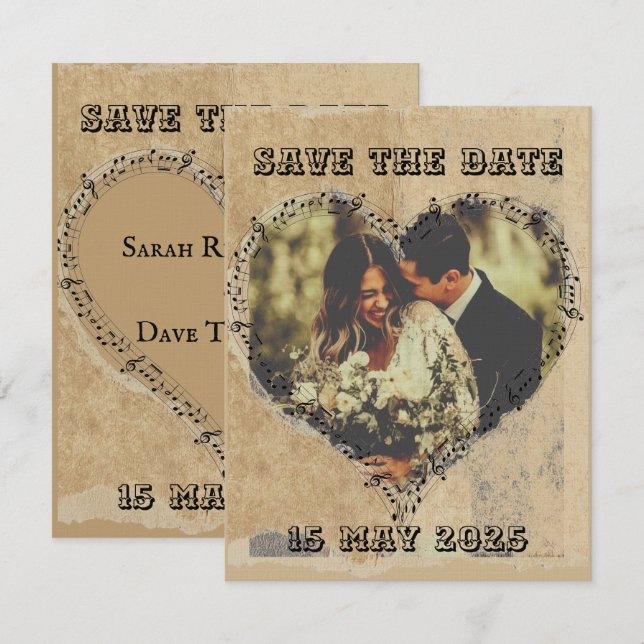 Rustikales Retro-Skript mit Noten Herz Save The Date (Vorne/Hinten)