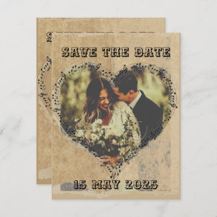 Rustikales Retro-Skript mit Noten Herz Save The Date