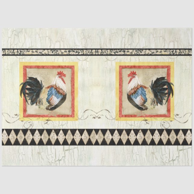 Rustikales Rooster Watercolor Harlequin Wood Decou Seidenpapier (Vorderseite)